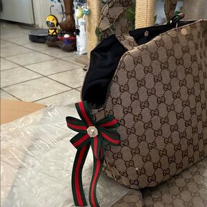 Dog carry bag Beige Patterned with Ribbon Accent